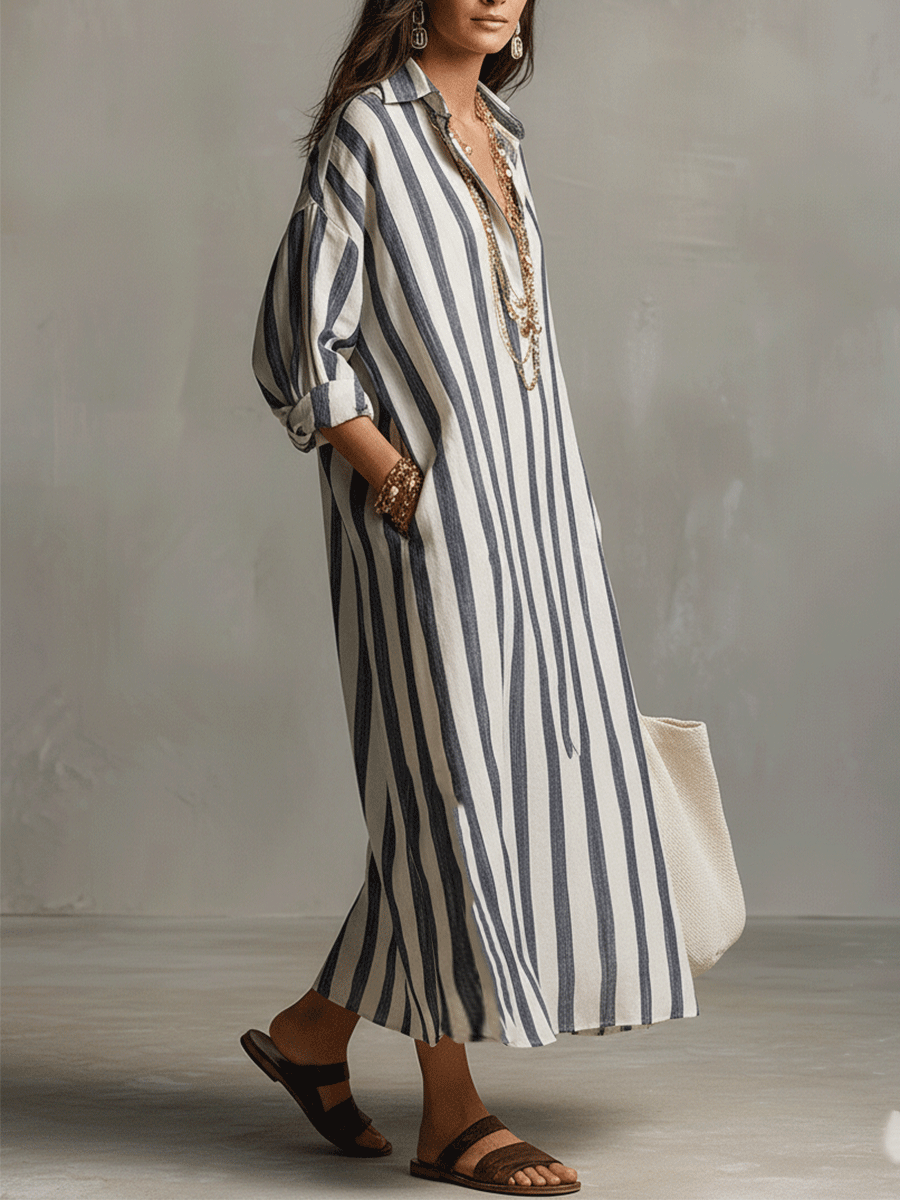 Camisa casual a rayas y vestido maxi de estilo bohemio