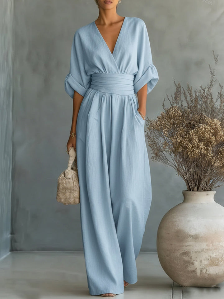 Mono elegante con escote en V y cintura alta