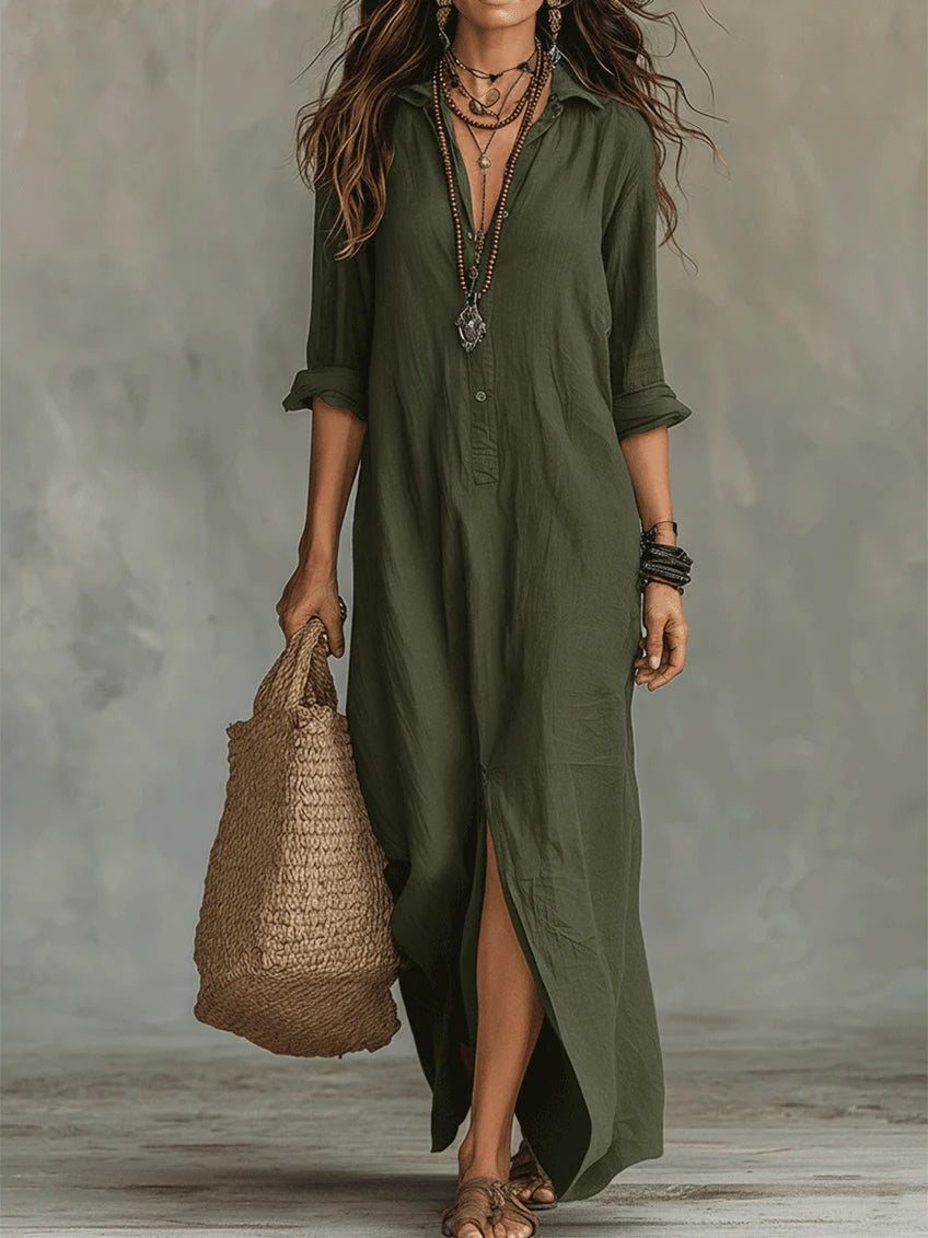 Soline™ | Vestido maxi verde holgado con botones