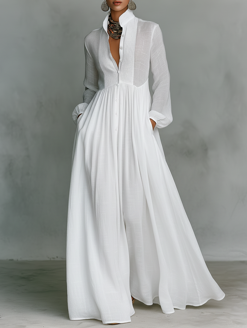 Elisa – Exclusiva Maxi Minimalista de Algodón con Patchwork, Cuello Alto y Mangas Largas
