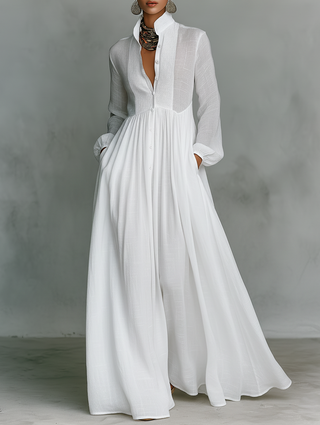 Elisa – Exclusiva Maxi Minimalista de Algodón con Patchwork, Cuello Alto y Mangas Largas