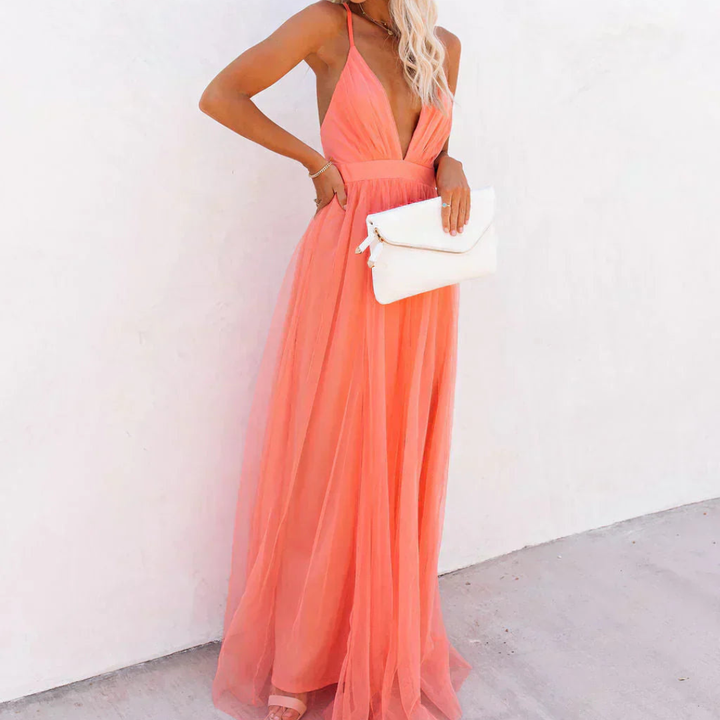 DELACROIX | Vestido Maxi Luminoso Coral