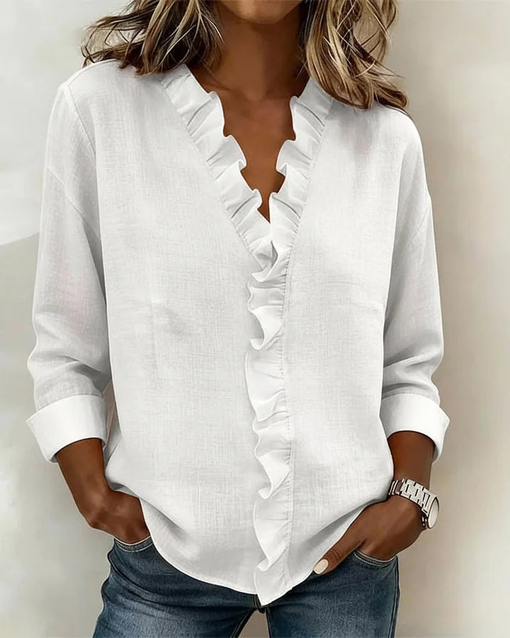 Yvonne | Blusa elegante con escote en V y volantes, mangas largas