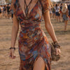Vestido midi bohemio fruncido de atardecer desértico