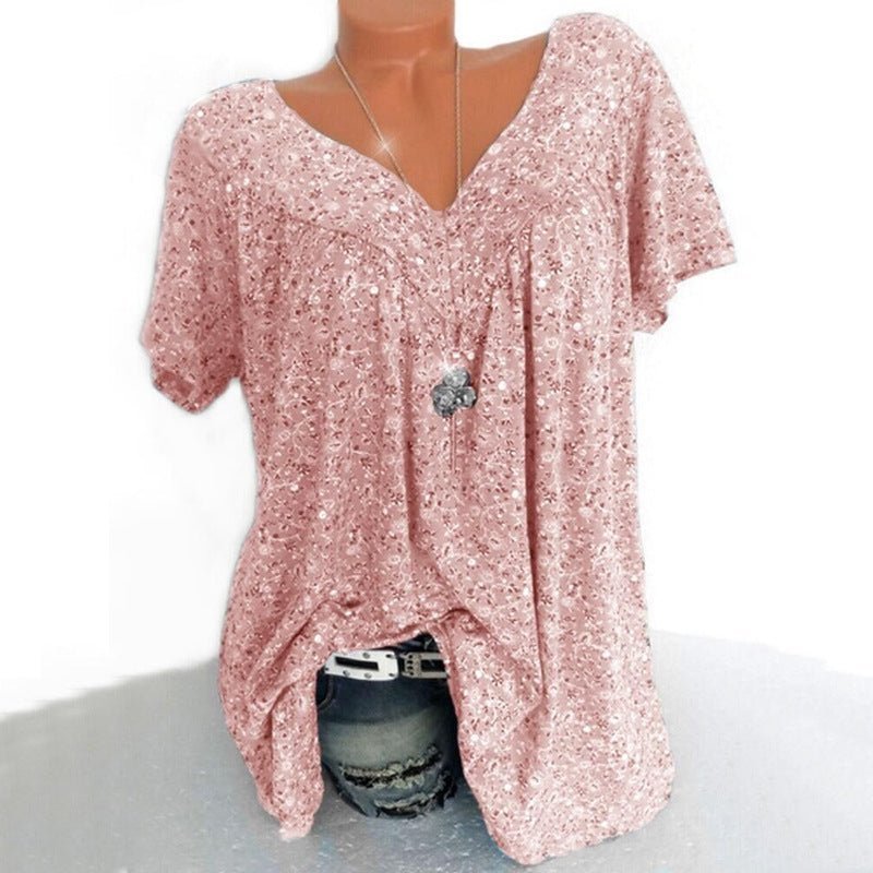 Camiseta de verano para mujeres con escote en V, de manga corta, estampada, estilo casual