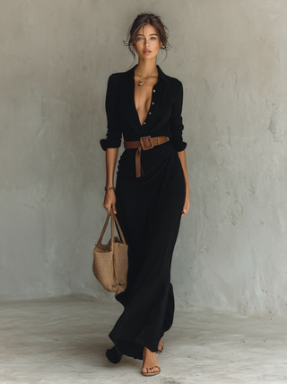 Vestido maxi de mujer con cuello tipo solapa, cierre delantero sencillo, mangas largas