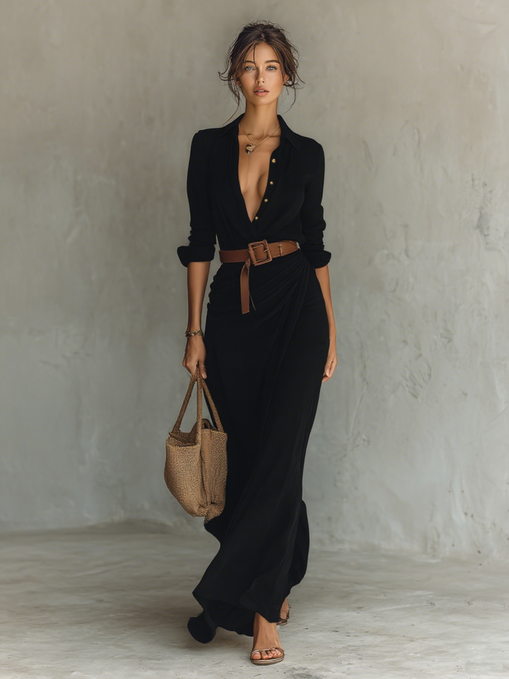 Vestido maxi de mujer con cuello tipo solapa, cierre delantero sencillo, mangas largas