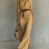 Vestido maxi de mujer con cuello tipo solapa, cierre delantero sencillo, mangas largas