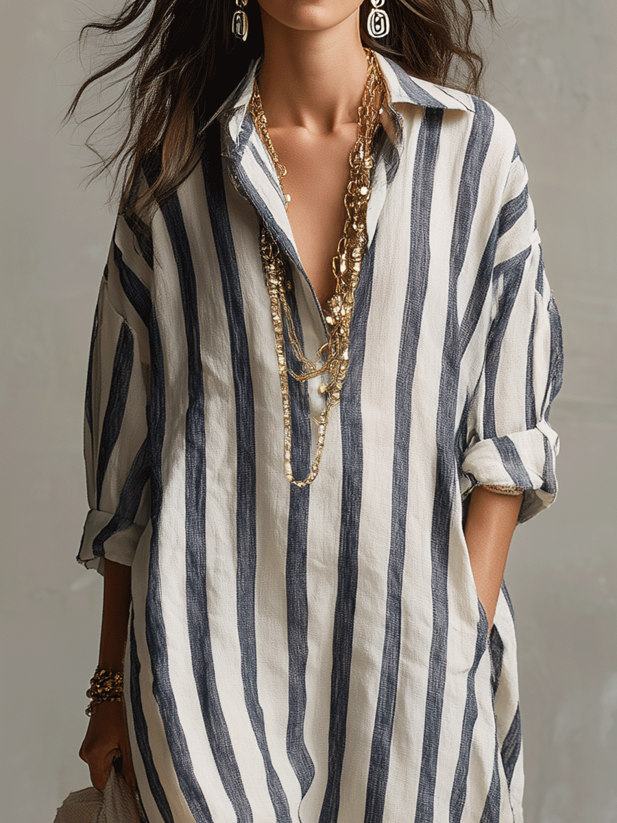 Camisa casual a rayas y vestido maxi de estilo bohemio