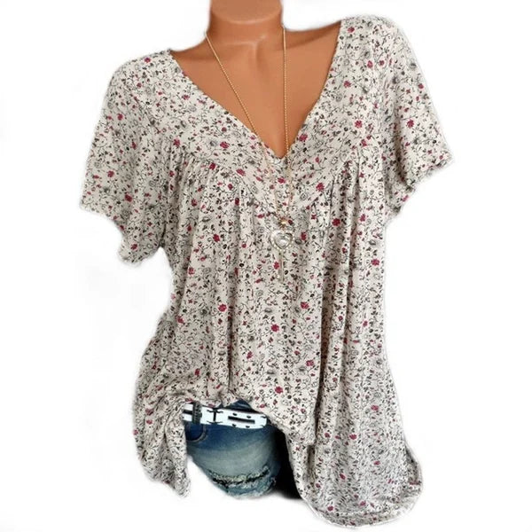 Camiseta de verano para mujeres con escote en V, de manga corta, estampada, estilo casual