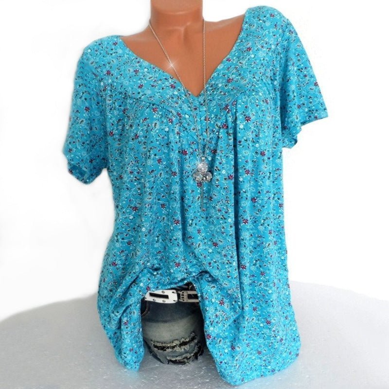 Camiseta de verano para mujeres con escote en V, de manga corta, estampada, estilo casual
