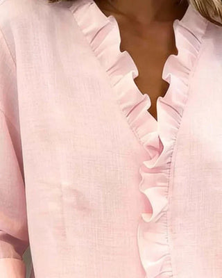 Yvonne | Blusa elegante con escote en V y volantes, mangas largas