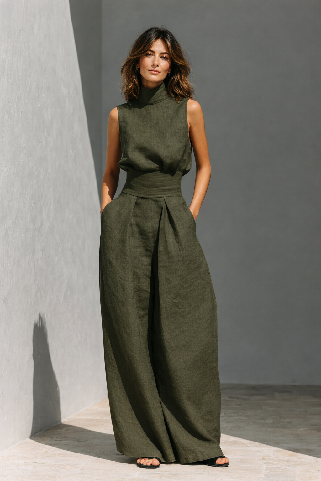 Maria - Conjunto de top sin mangas y pantalones anchos en algodón y lino minimalista para mujer