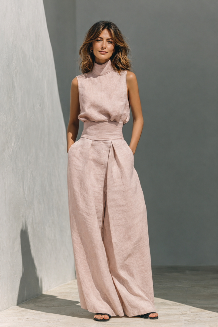 Maria - Conjunto de top sin mangas y pantalones anchos en algodón y lino minimalista para mujer