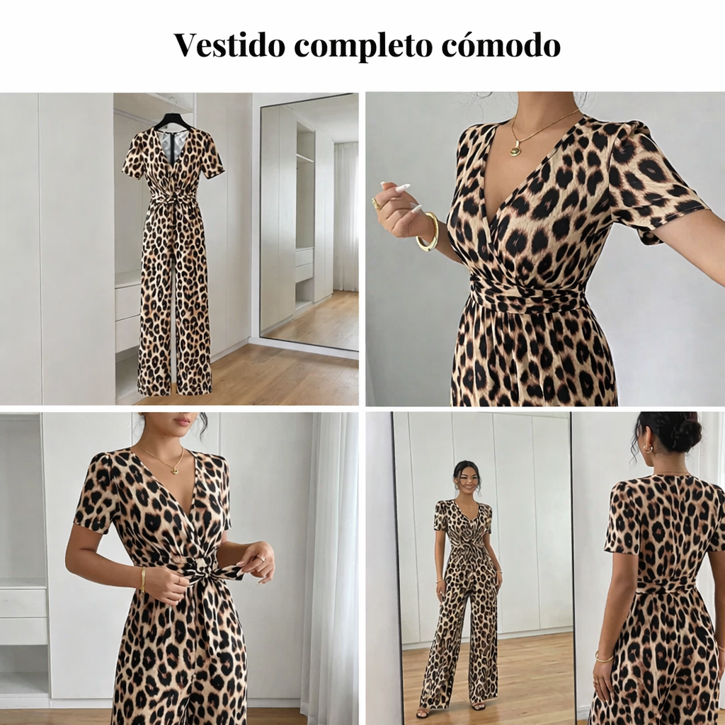 🎁Novedad: 50 % de descuento 💥 Mono con escote en V y piernas anchas, estampado de leopardo