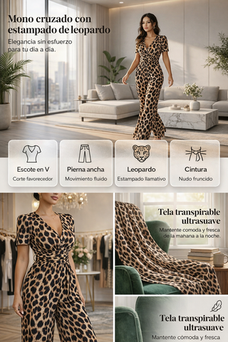 🎁Novedad: 50 % de descuento 💥 Mono con escote en V y piernas anchas, estampado de leopardo