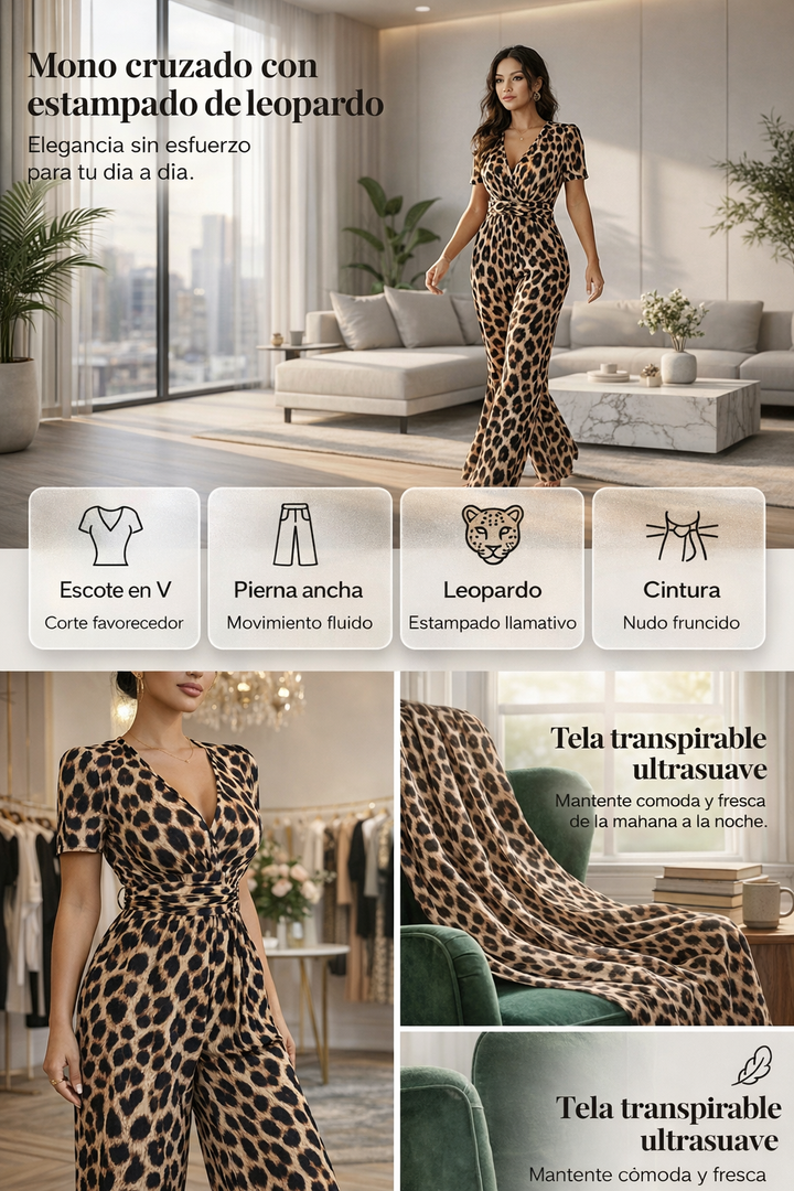 🎁Novedad: 50 % de descuento 💥 Mono con escote en V y piernas anchas, estampado de leopardo