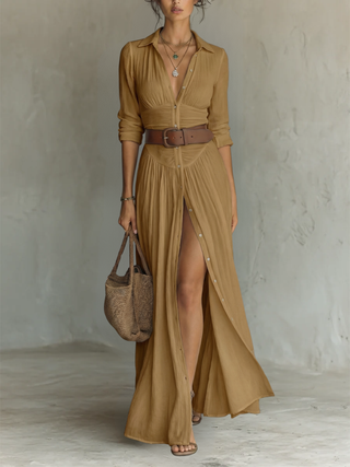 Vestido maxi largo con cuello de solapa y mangas largas de lino para mujer