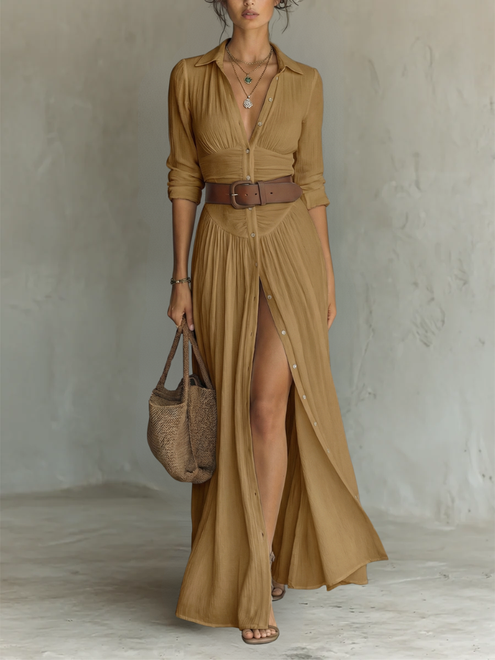 Vestido maxi largo con cuello de solapa y mangas largas de lino para mujer