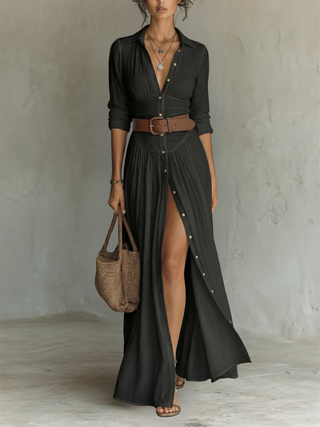 Vestido maxi largo con cuello de solapa y mangas largas de lino para mujer