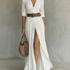 Vestido maxi largo con cuello de solapa y mangas largas de lino para mujer
