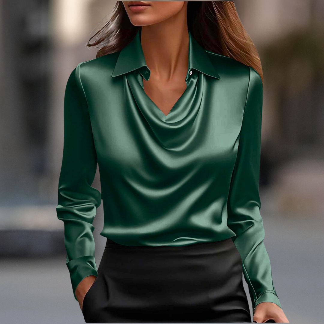 Blusa de satén sedoso con escote drapeado, estilo Milán