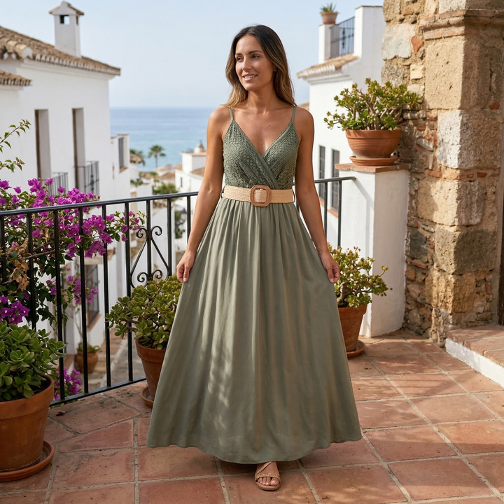 Elena | Vestido largo liso con pecho de encaje