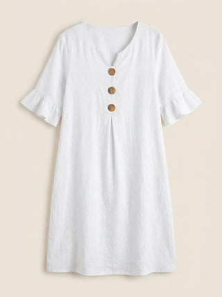 Vanesa - Vestido con Textura de Lino con Manga Abullonada y Botones