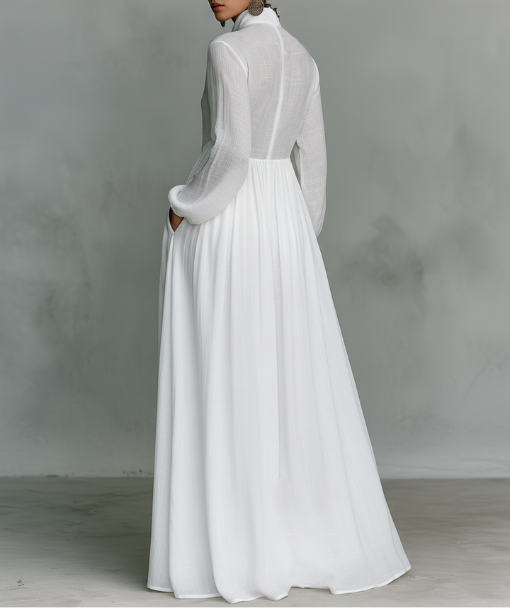 Elisa – Exclusiva Maxi Minimalista de Algodón con Patchwork, Cuello Alto y Mangas Largas