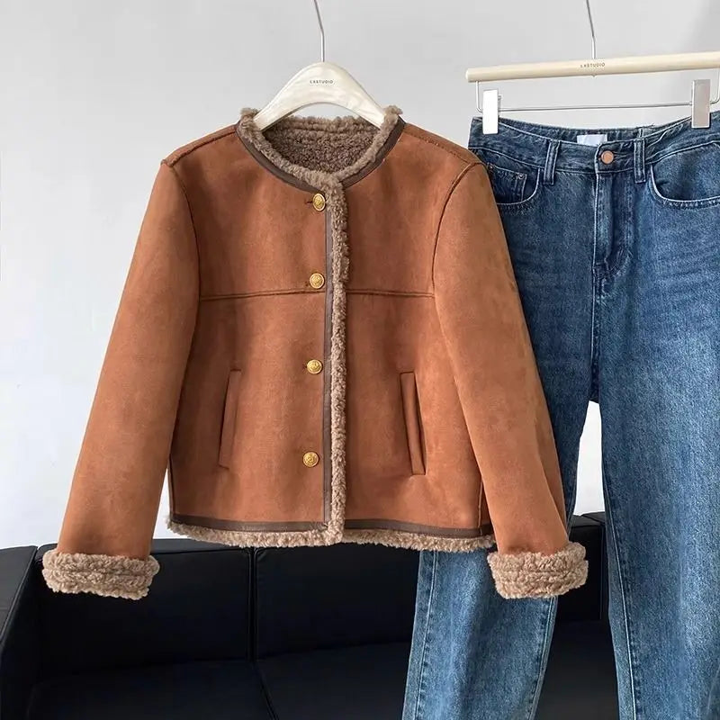 Chaqueta corta de piel sintética para mujer