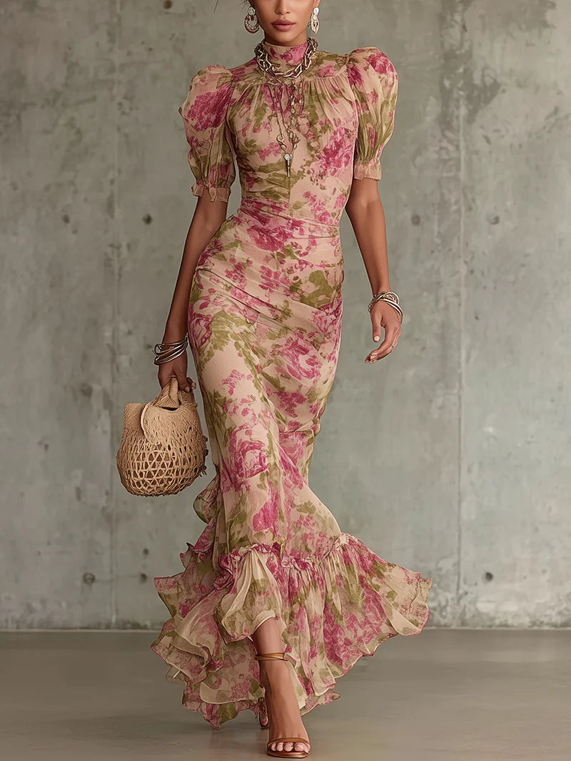Vestido maxi con estampado de rosas vintage y mangas abullonadas (accesorios no incluidos)