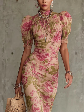 Vestido maxi con estampado de rosas vintage y mangas abullonadas (accesorios no incluidos)