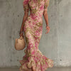 Vestido maxi con estampado de rosas vintage y mangas abullonadas (accesorios no incluidos)