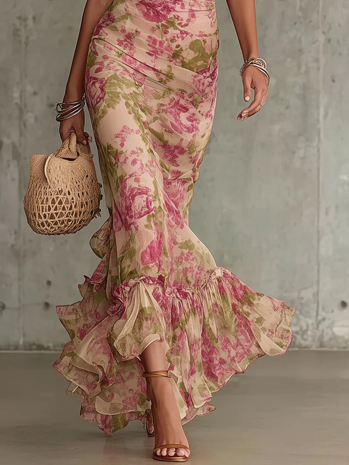 Vestido maxi con estampado de rosas vintage y mangas abullonadas (accesorios no incluidos)
