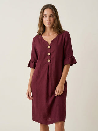 Vanesa - Vestido con Textura de Lino con Manga Abullonada y Botones