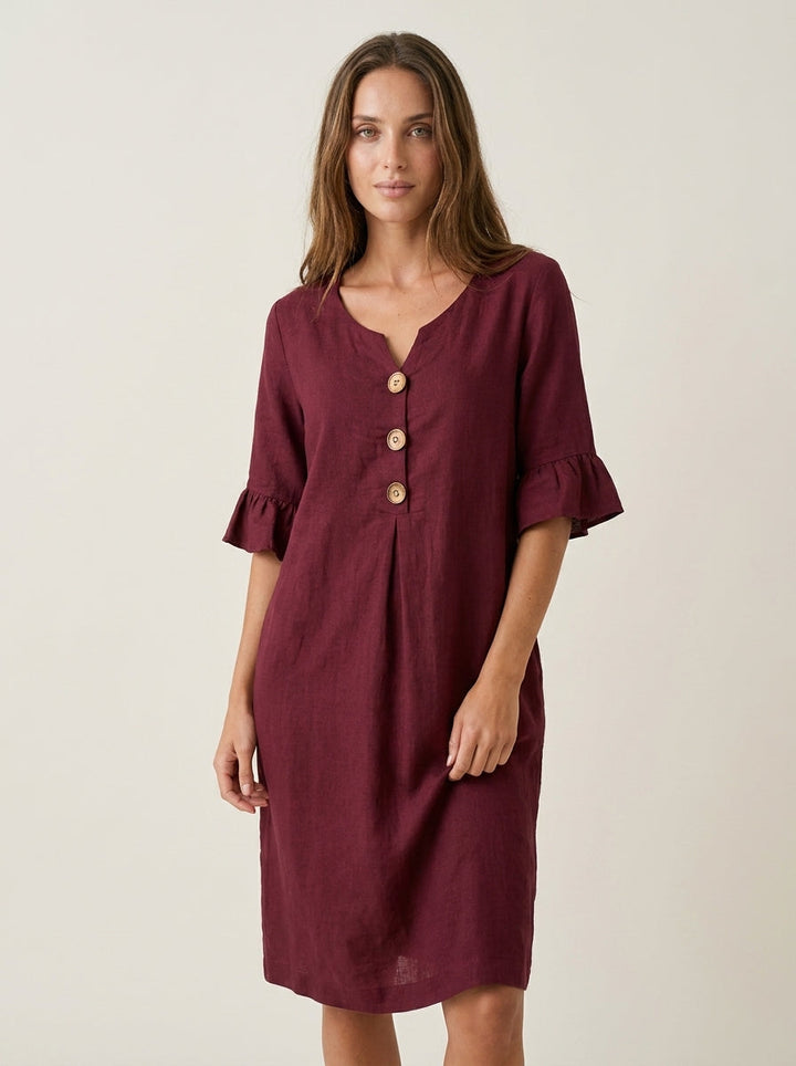 Vanesa - Vestido con Textura de Lino con Manga Abullonada y Botones