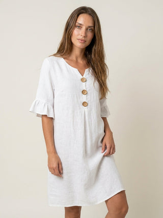 Vanesa - Vestido con Textura de Lino con Manga Abullonada y Botones