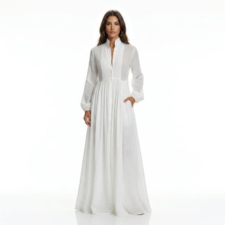 Elisa – Exclusiva Maxi Minimalista de Algodón con Patchwork, Cuello Alto y Mangas Largas