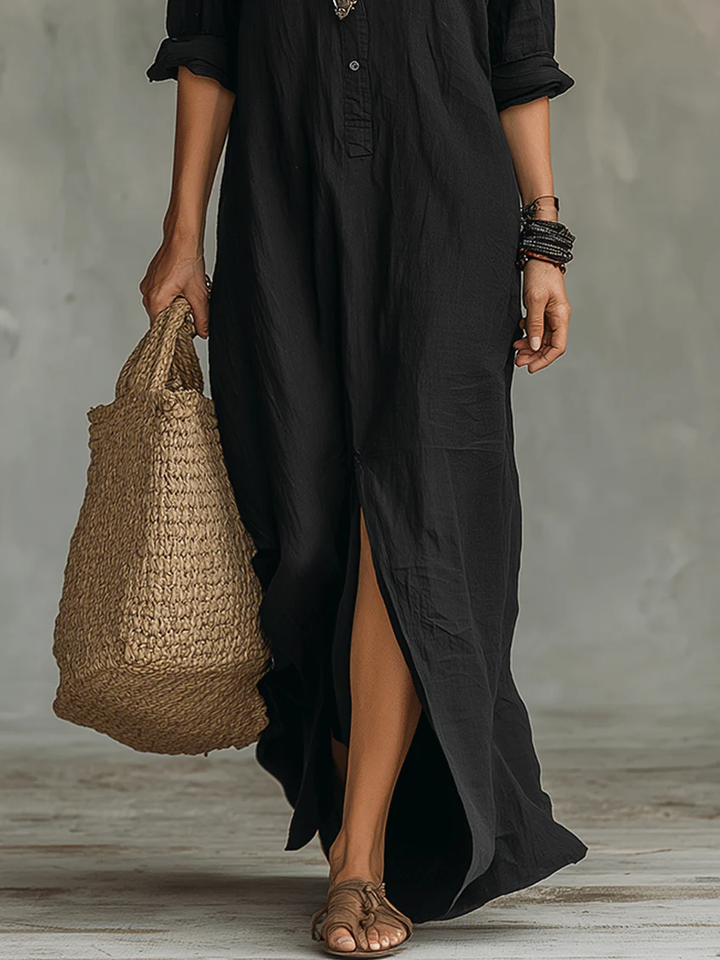 Soline™ | Vestido maxi verde holgado con botones