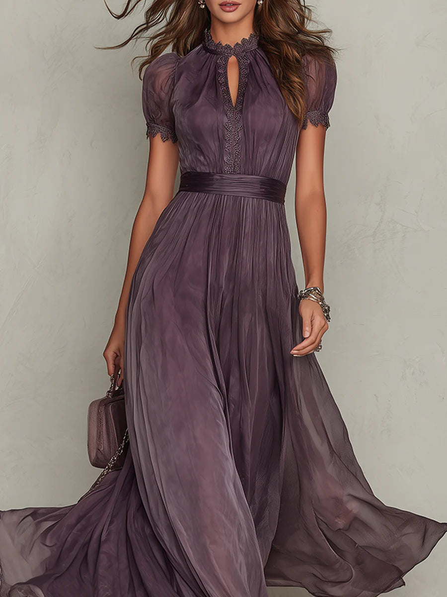 Flavia • Vestido largo morado con escote en forma de llave, borde de encaje de chiffon