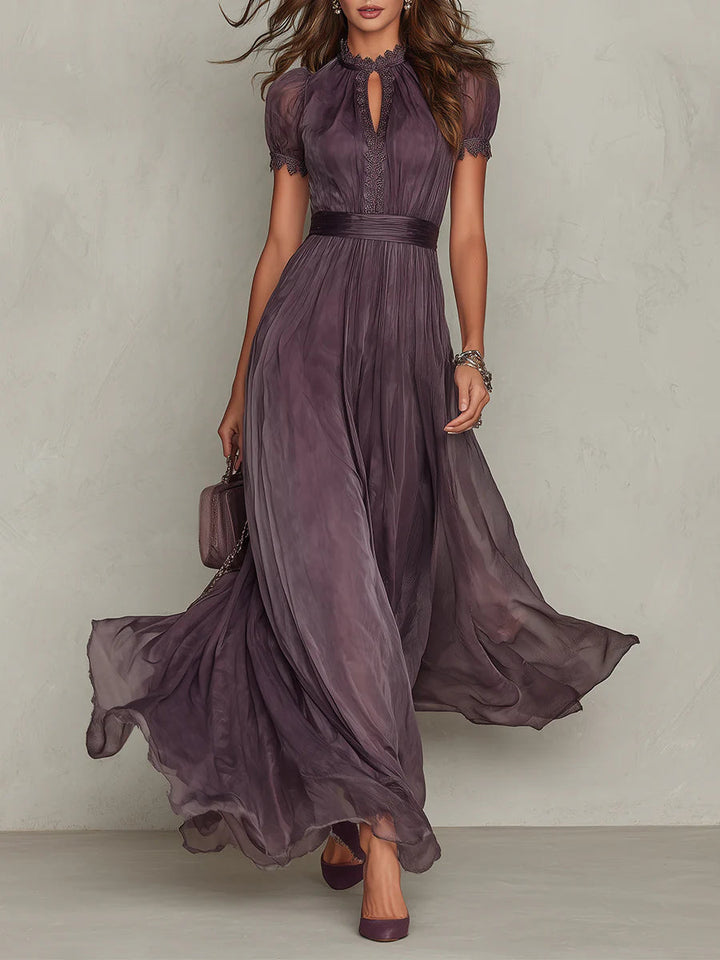 Flavia • Vestido largo morado con escote en forma de llave, borde de encaje de chiffon