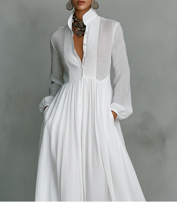 Elisa – Exclusiva Maxi Minimalista de Algodón con Patchwork, Cuello Alto y Mangas Largas