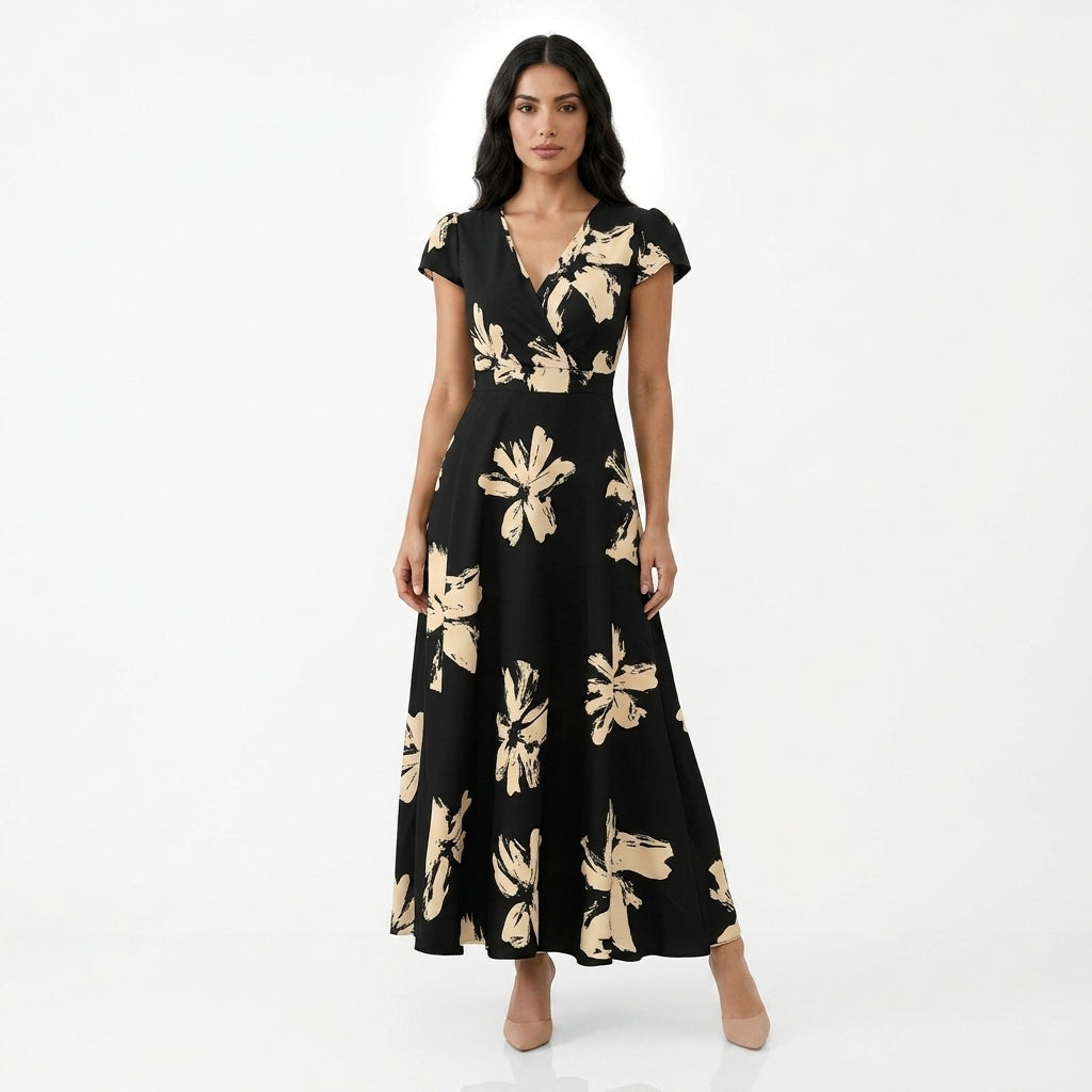 Vestido casual con estampado, escote en V y volantes para mujer