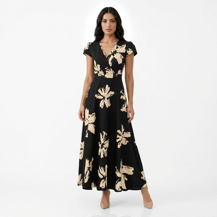 Vestido casual con estampado, escote en V y volantes para mujer