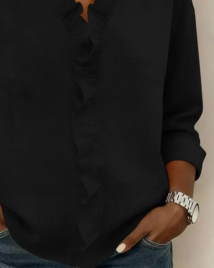 Yvonne | Blusa elegante con escote en V y volantes, mangas largas