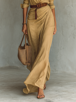 Vestido maxi de mujer con cuello tipo solapa, cierre delantero sencillo, mangas largas
