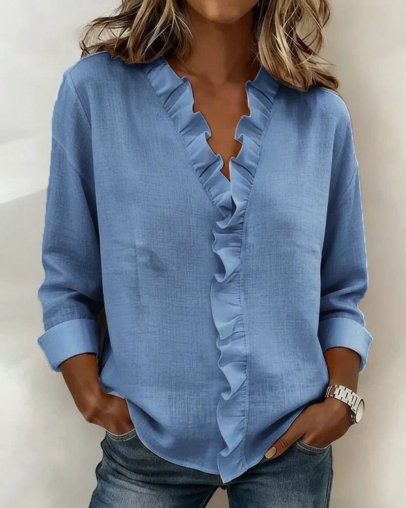 Yvonne | Blusa elegante con escote en V y volantes, mangas largas