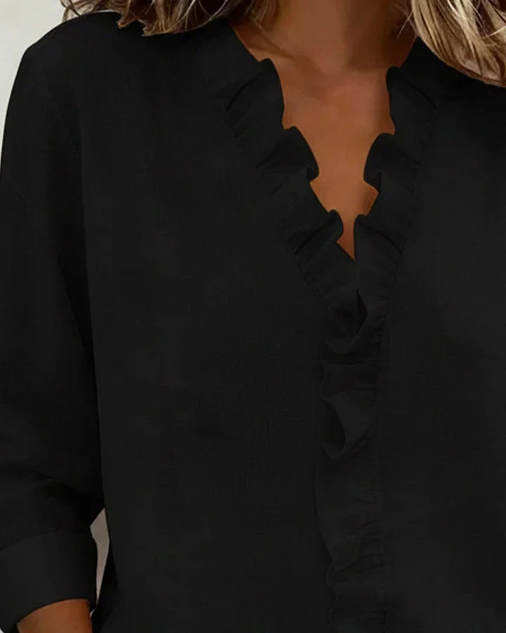 Yvonne | Blusa elegante con escote en V y volantes, mangas largas