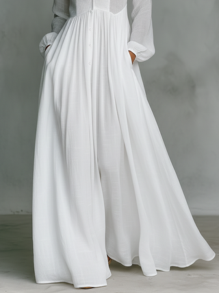 Elisa – Exclusiva Maxi Minimalista de Algodón con Patchwork, Cuello Alto y Mangas Largas