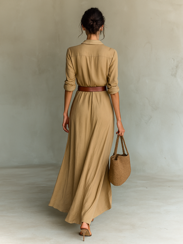 Vestido maxi de mujer con cuello tipo solapa, cierre delantero sencillo, mangas largas